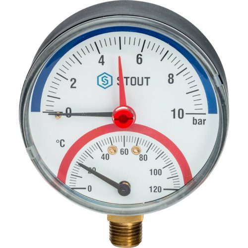 SIM-0006-801015 STOUT Термоманометр радиальный в комплекте с автоматическим запорным клапаном. Корпус Dn 80 мм 1/2", 0...120°C, 0-10 бар.