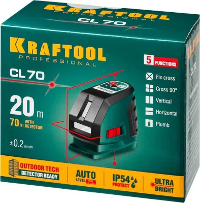 KRAFTOOL 20-70 м, (детектор), сверхъяркий, IP54, точн. 0,2 мм/м, нивелир лазерный линейный CL-70 34660