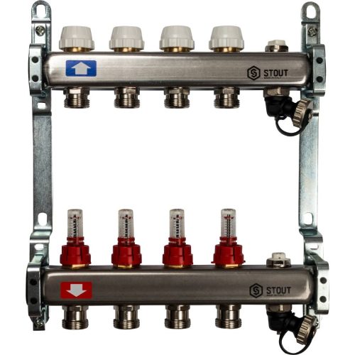 SMS-0927-000004 STOUT Коллектор из нержавеющей стали с расходомерами, с клапаном вып. воздуха и сливом 4 вых.