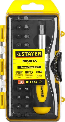 STAYER 38 шт., отвертка реверсивная с битами MAXFIX 2557-H38