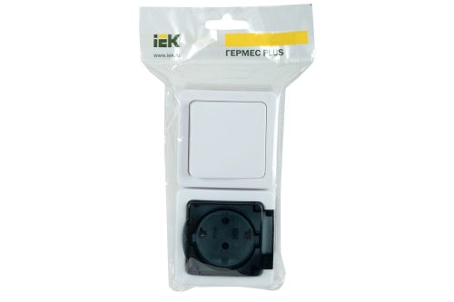 Блок выключатель 1клавишный+розетка IEK БГб-22-31-ГПБд 1м с заземлением IP54 ГЕРМЕС PLUS белый/дымчатый EBGMP20-K03-31-54-EC