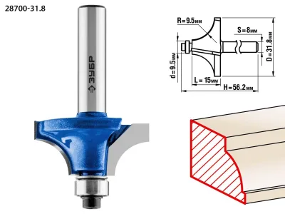 ЗУБР 31.8 x 15 мм, радиус 9.5 мм, фреза кромочная калевочная №1 28700-31.8 Профессионал