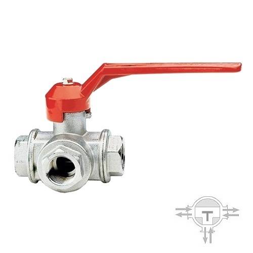 Кран шаровой трехходовой ITAP 128 - 3/4' (ВР, PN50, Tmax120°C, T-образный шар, ручка-рычаг красная)