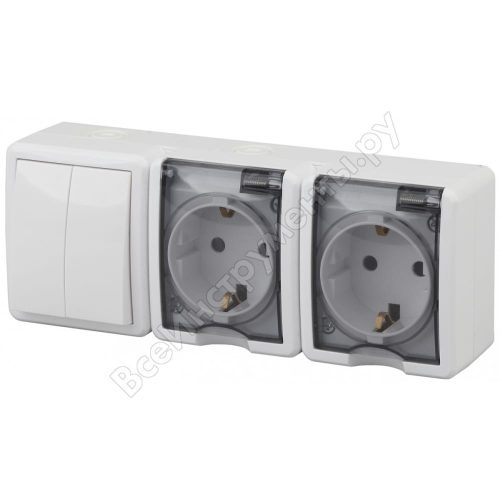 Фото Двойной блок две розетки + выключатель ЭРА 11-7404-01 IP54, 16A 10AX -250В, ОУ, Эксперт белый Б0027675 Двойной блок две розетки + выключатель ЭРА 11-7404-01 IP54, 16A 10AX -250В, ОУ, Эксперт белый Б0027675