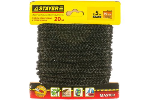 STAYER 20 м, 5 мм, полипропиленовый, вязанный, с сердечником, черный, шнур хозяйственно-бытовой 50411-05-020