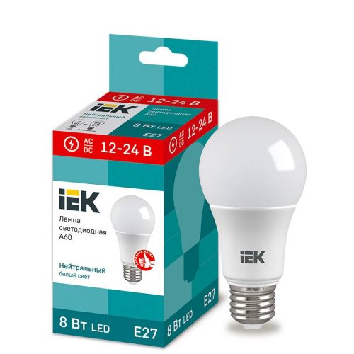 Лампа IEK LED A60 шар 8Вт 12-24В 4000К E27 LLE-A60-08-12-24-40-E27