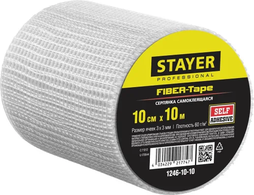 STAYER 10 см х 10 м, 3х3 мм, cетка самоклеящаяся стеклотканевая FIBER-Tape 1246-10-10