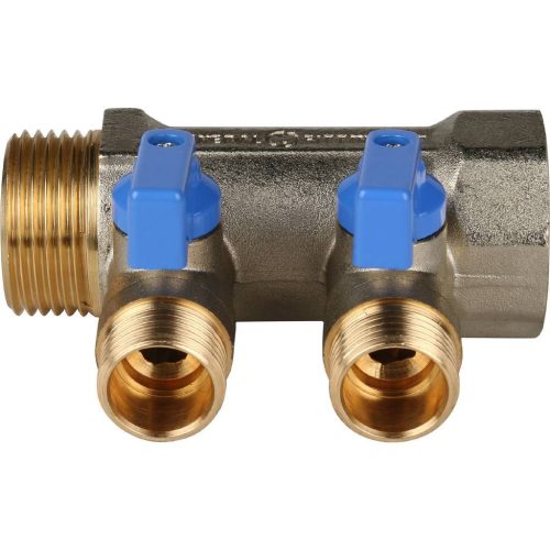 SMB 6201 011202 STOUT Коллектор с шаровыми кранами 1", 2 отвода 1/2" (синие ручки)