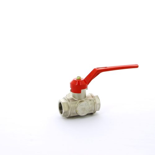 Кран шаровой трехходовой ITAP 128 - 1/2' (ВР, PN50, Tmax120°C, L-образный шар, ручка-рычаг красная)