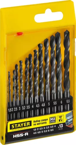 STAYER 13 шт. (Ø 1,5-6,5 мм), HSS-R, набор сверл спиральных по металлу 29602-H13_z01