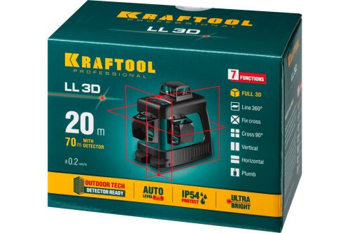 KRAFTOOL 20-70 м, 360 градусов, (детектор), сверхъяркий, IP54, точн. 0,2 мм/м, в сумке, нивелир лазерный 34640