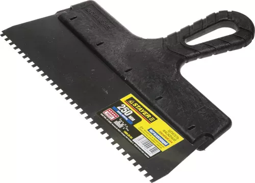 Фото STAYER 250 мм, нержавеющая полотно, пластмассовая рукоятка, шпатель зубчатый 1009-25-04 STAYER 250 мм, нержавеющая полотно, пластмассовая рукоятка, шпатель зубчатый 1009-25-04