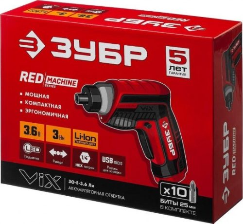 ЗУБР 3.6 В, в коробке с 10 битами, с угловой и эксцентриковой насадками, отвертка аккумуляторная ViX ЗО-Е-3.6 ЛиМ2