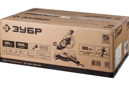 ЗУБР 1800 Вт, 305x30 мм, с протяжкой, лазер, удлинители стола, пила торцовочная ЗПТ-305-1800 ПЛ