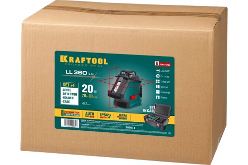 KRAFTOOL 20-70 м, 360 градусов, (детектор), сверхъяркий, IP54, точн. 0,2 мм/м, держатель, детектор, нивелир лазерный LL360-4 34645-4