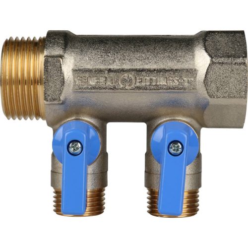 SMB 6201 011202 STOUT Коллектор с шаровыми кранами 1", 2 отвода 1/2" (синие ручки)