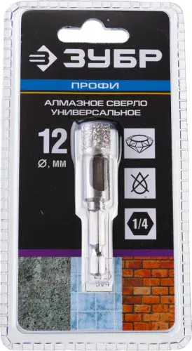 ЗУБР Ø12 мм, ВВС, HEX 1/4", алмазное, сверло трубчатое универсальное 29865-12 Профессионал