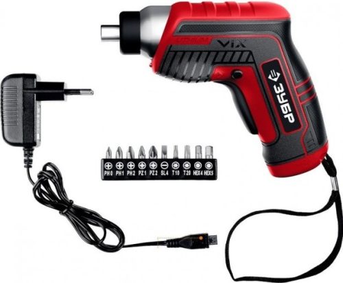 ЗУБР 3.6 В, в коробке с 10 битами, с угловой и эксцентриковой насадками, отвертка аккумуляторная ViX ЗО-Е-3.6 ЛиМ2