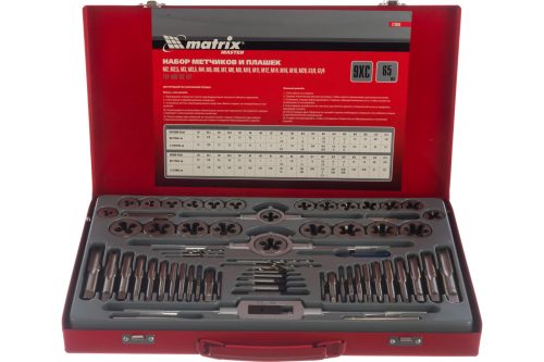 Фото Набор метчиков и плашек М2-М20, 65 шт, металлический кейс Matrix Набор метчиков и плашек М2-М20, 65 шт, металлический кейс Matrix