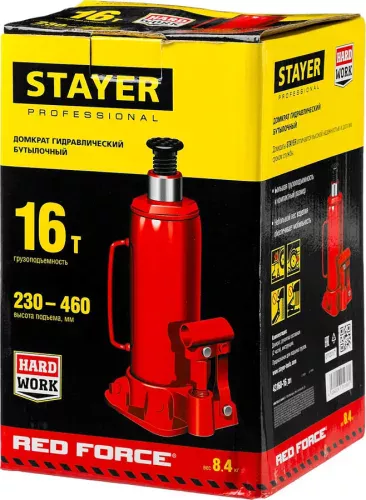 STAYER 16 т, 230-460 мм, домкрат бутылочный гидравлический RED FORCE 43160-16_z01 Professional