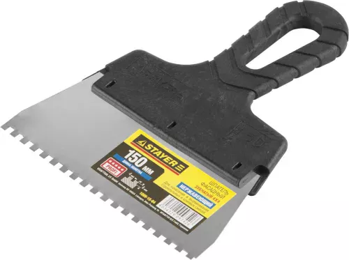 Фото STAYER 150 мм, нержавеющая полотно, пластмассовая рукоятка, шпатель зубчатый 1009-15-04 STAYER 150 мм, нержавеющая полотно, пластмассовая рукоятка, шпатель зубчатый 1009-15-04