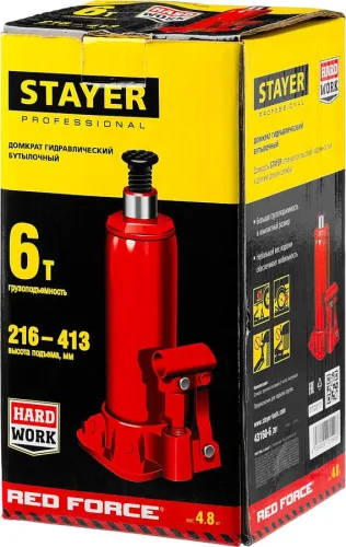 STAYER 6 т, 216-413 мм, домкрат бутылочный гидравлический RED FORCE 43160-6_z01 Professional