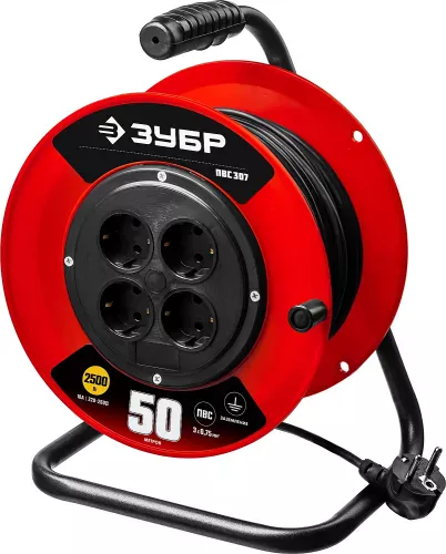 ЗУБР 50 м, 2500Вт, 4 гнезда, ПВС, удлинитель на катушке 55083-50