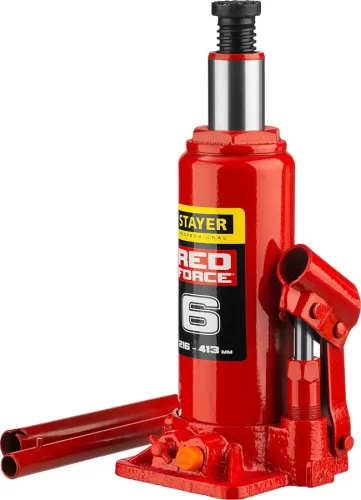 STAYER 6 т, 216-413 мм, домкрат бутылочный гидравлический RED FORCE 43160-6_z01 Professional