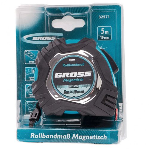 Рулетка Magnetisch 5 м х 19 мм, обрезиненный корпус, автоматическая фиксация, Нейлоновое покрытиеытие, зацеп с магнитом Gross