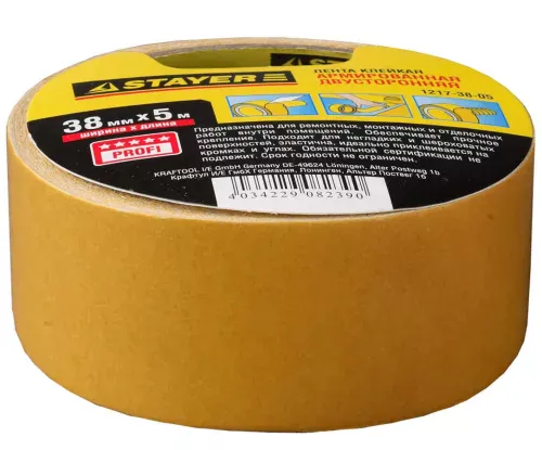 STAYER 38 мм х 5 м, основа тканевая, двусторонняя клейкая лента (скотч) 1217-38-05