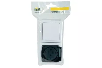 Блок выключатель 1клавишный+розетка IEK БГб-22-31-ГПБд 1м с заземлением IP54 ГЕРМЕС PLUS белый/дымчатый EBGMP20-K03-31-54-EC
