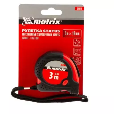 Рулетка Status Magnet fixation, 3 м х 16 мм, обрезиненный корпус, зацеп с магнитом Matrix