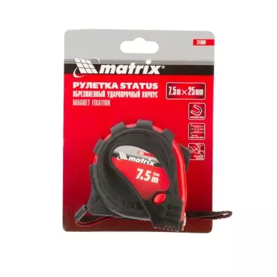 Рулетка Status Magnet 3 fixations, 7.5 м х 25 мм, обрезиненный корпус, зацеп с магнитом Matrix