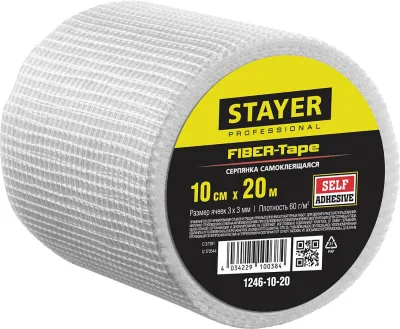 STAYER 10 см х 20 м, 3х3 мм, cетка самоклеящаяся стеклотканевая FIBER-Tape 1246-10-20