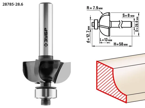 ЗУБР 28.6 x 13 мм, радиус 7.9 мм, фреза кромочная калевочная №2 28785-28.6 Профессионал