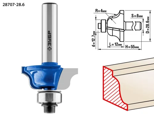 ЗУБР 28.6 x 12 мм, радиус 4 мм, фреза кромочная калевочная №6 28707-28.6 Профессионал