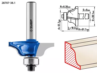 ЗУБР 38.1 x 18.2 мм, радиус 6.35 мм, фреза кромочная калевочная №6 28707-38.1 Профессионал