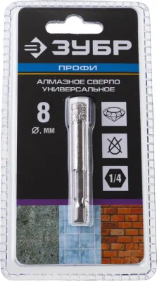 ЗУБР Ø8 мм, ВВС, HEX 1/4", алмазное, сверло трубчатое универсальное 29865-08 Профессионал