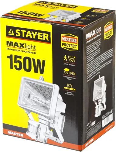 STAYER 150 Вт, MAXLight, с датчиком движения и дугой крепления под установку, белый, прожектор галогенный 57111-W