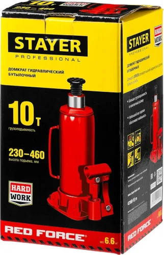 STAYER 10 т, 230-460 мм, домкрат бутылочный гидравлический RED FORCE 43160-10_z01 Professional