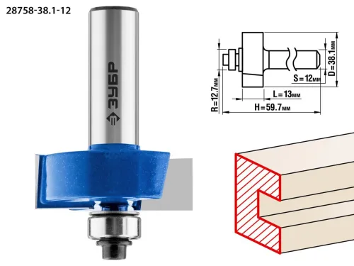 ЗУБР 38.1 x 13 мм, хвостовик 12 мм, фреза фальцевая 28758-38.1-12 Профессионал