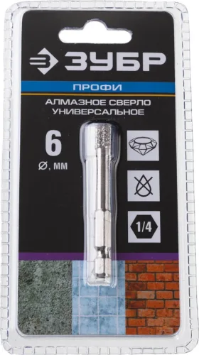 ЗУБР Ø6 мм, ВВС, HEX 1/4", алмазное, сверло трубчатое универсальное 29865-06 Профессионал