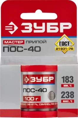 ЗУБР 100 г, ПОС 40, проволока, 1 мм, припой 55451-100-10