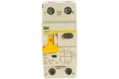 Автоматический дифференциальный выключатель тока IEK 1п+N 2мод. C 6A 30mA тип A 6kA АВДТ-32 ИЭК MAD22-5-006-C-30